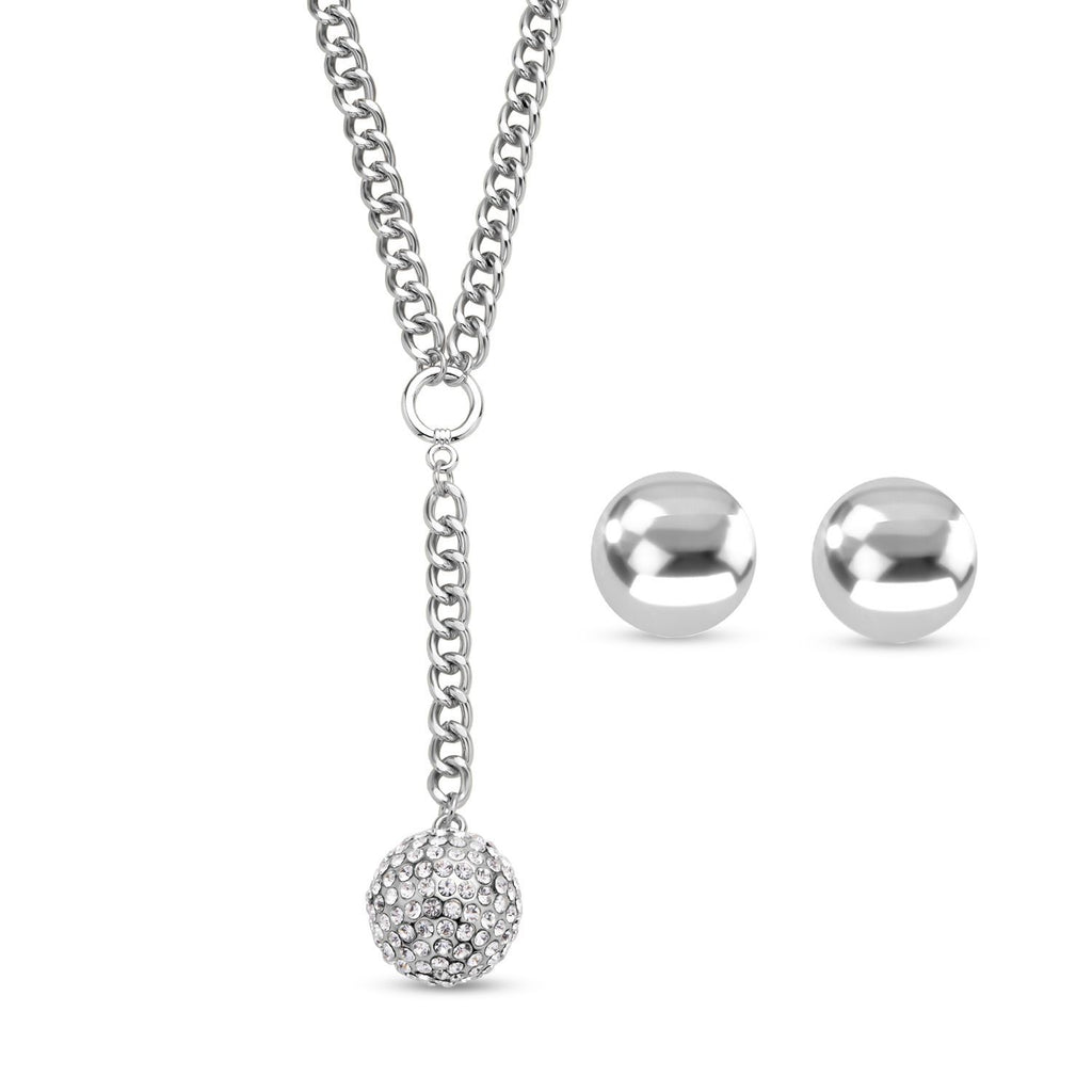 2er Set - Weißes Kristall-Collier und Ohrstecker, ca. 50 cm, silberfarben