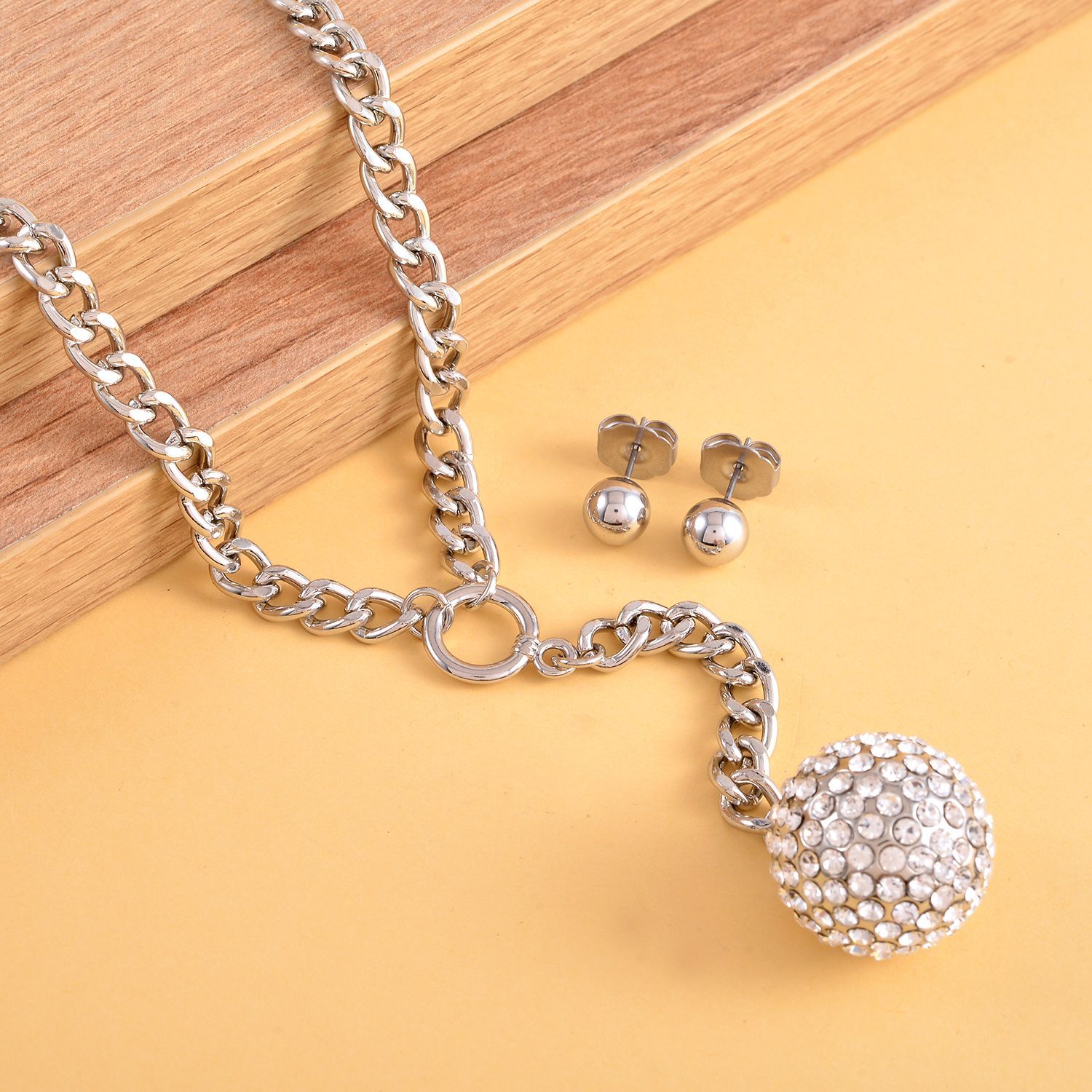 2er Set - Weißes Kristall-Collier und Ohrstecker, ca. 50 cm, silberfarben