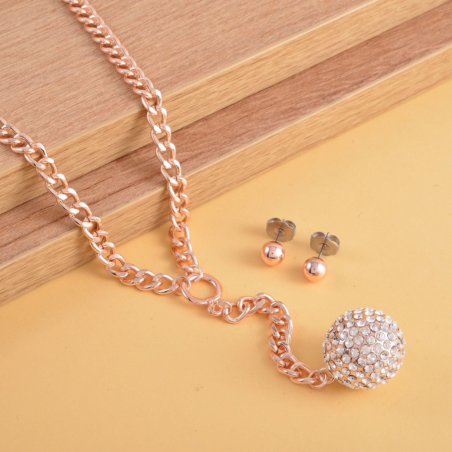 2er Set - Weißes Kristall-Collier und Ohrstecker, ca. 50 cm, roséfarben