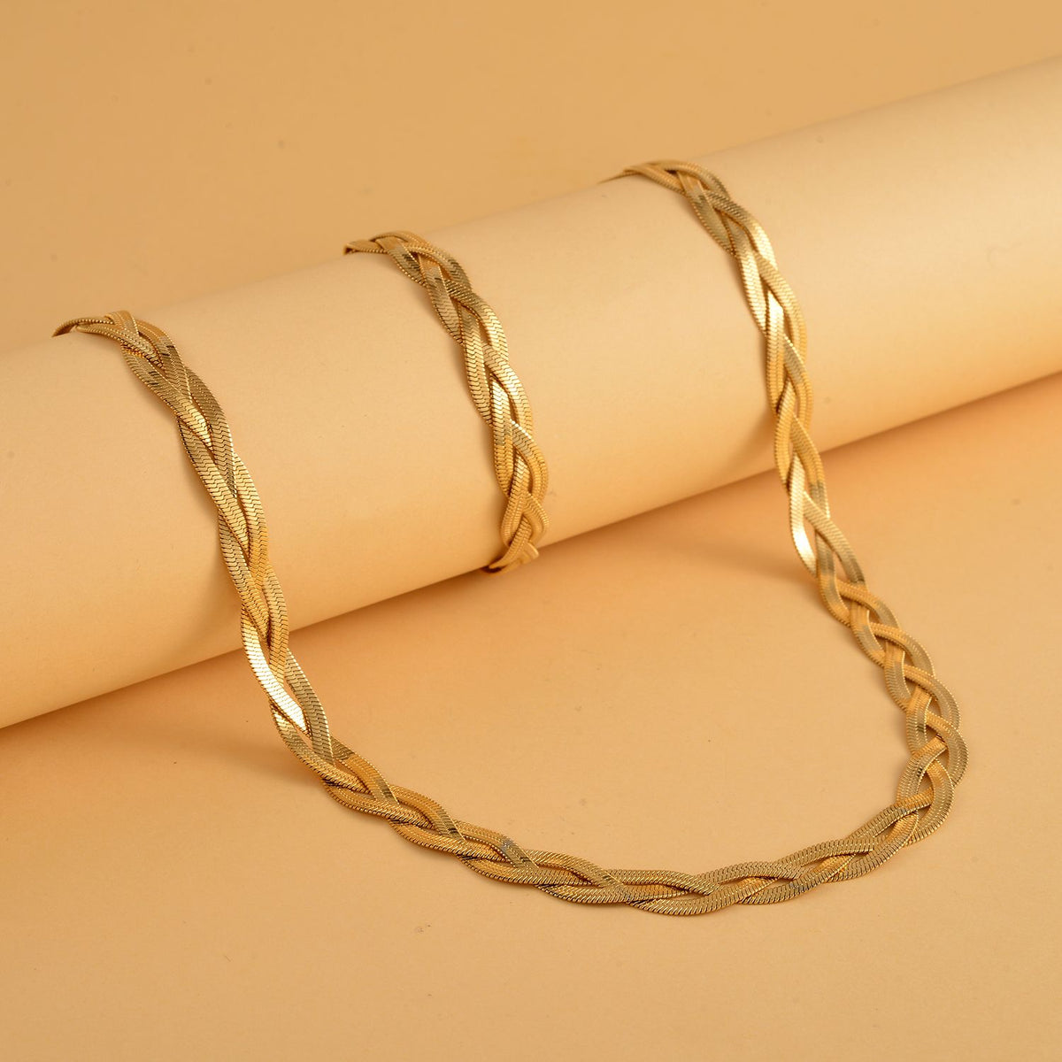 2er Set - Geflochtene Halskette und Armband, Edelstahl goldfarben