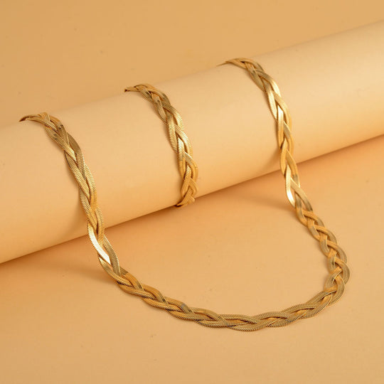 2er Set - Geflochtene Halskette und Armband, Edelstahl goldfarben