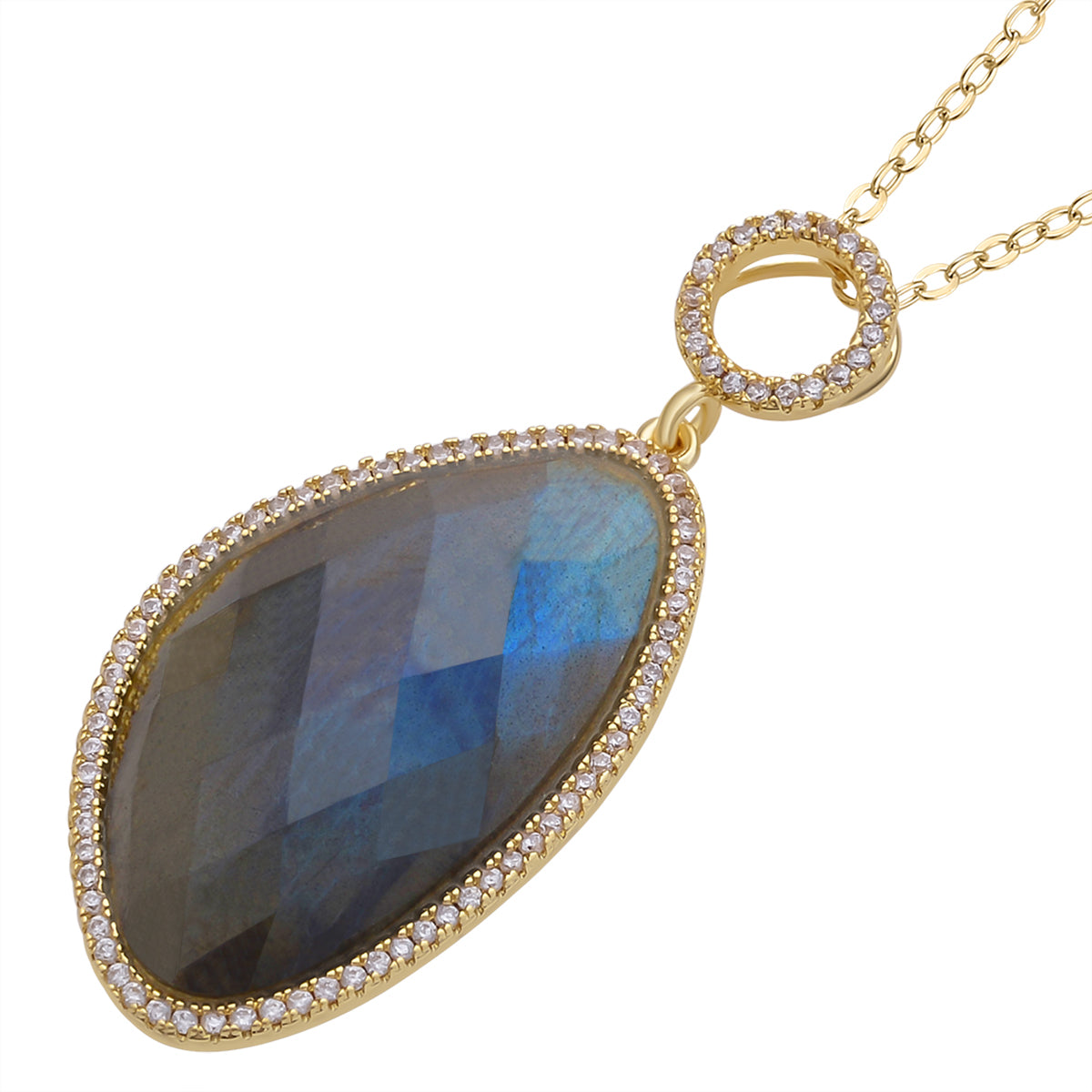 Labradorit Halo, Weißer Zirkonia Anhänger mit Kette,ca. 18.00 ct
