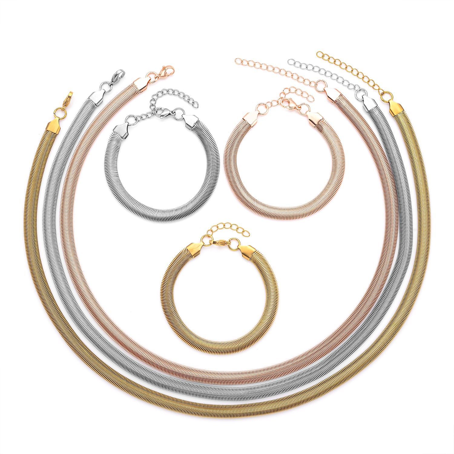 EVER TRUE 6er - Schlangen Halskette und Armband, 316L Edelstahl 750 vergoldet und 750 rosévergoldet