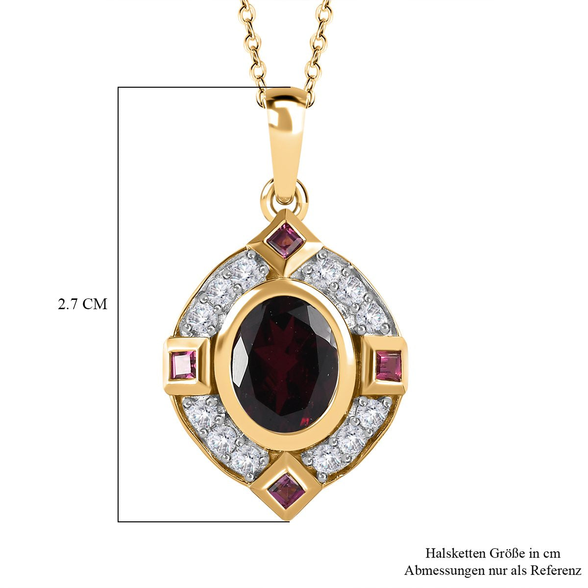 Rhodolith Granat Anhänger mit Kette, 925 Silber vergoldet, ca. 3.52 ct