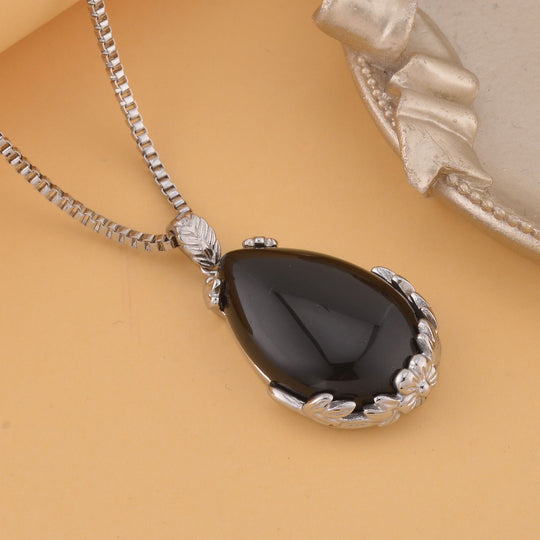 Schwarzer Obsidian Anhänger mit Kette, ca. 50 cm 316L Edelstahl ca. 55.00 ct