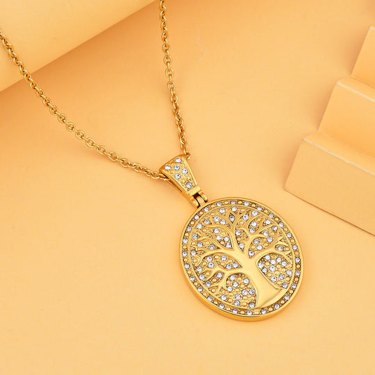 Lebensbaum-Anhänger weißer Kristall mit Kette, goldfarben