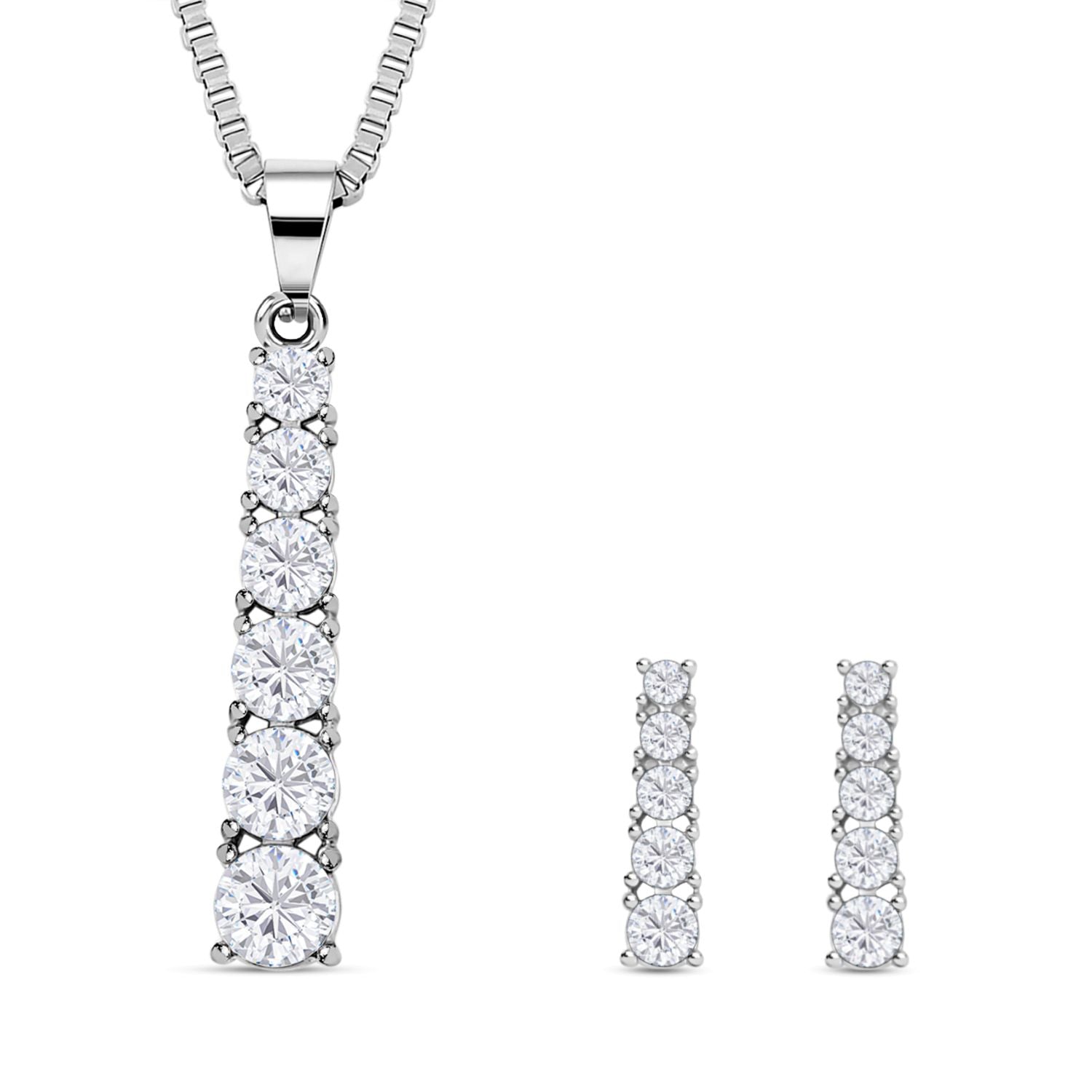 2er Set - Brillantes, weißes, rund geschliffenes Kristall-Schmuckset, mit Ohrringe und Halskette 316L Edelstahl
