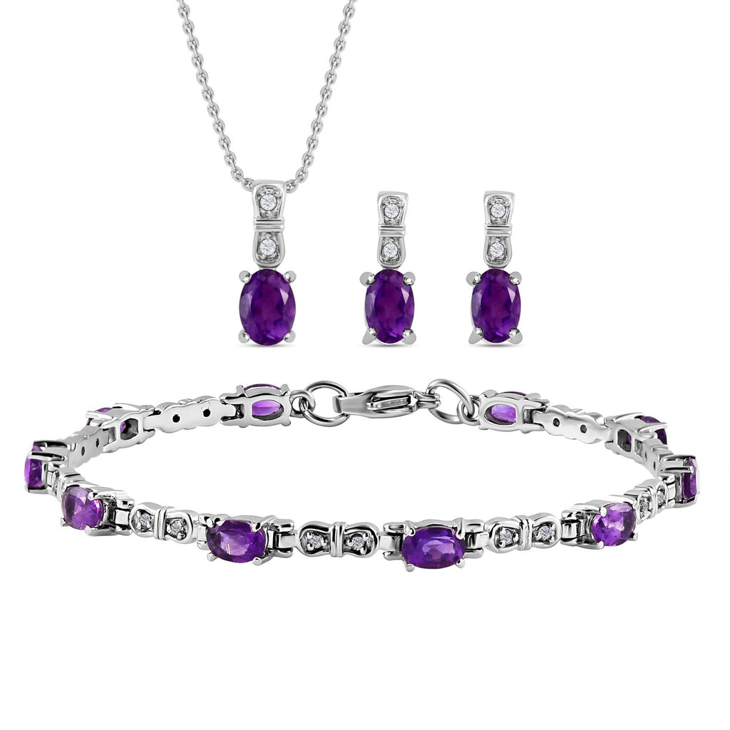 3er Set, afrikanische Amethyst Ohrringe, Armband, Anhänger mit Kette, Edelstahl, ca. 7.28 ct