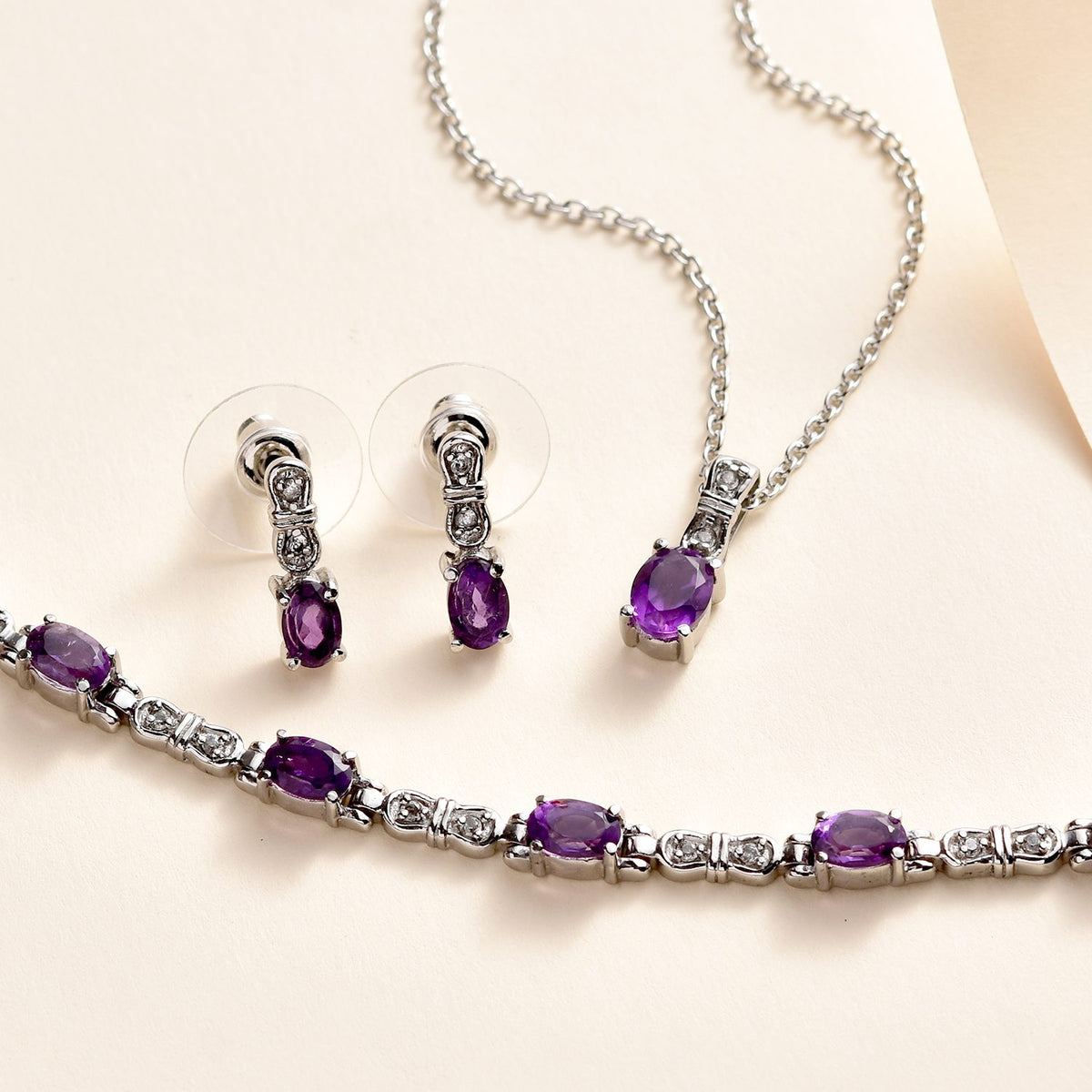 3er Set, afrikanische Amethyst Ohrringe, Armband, Anhänger mit Kette, Edelstahl, ca. 7.28 ct
