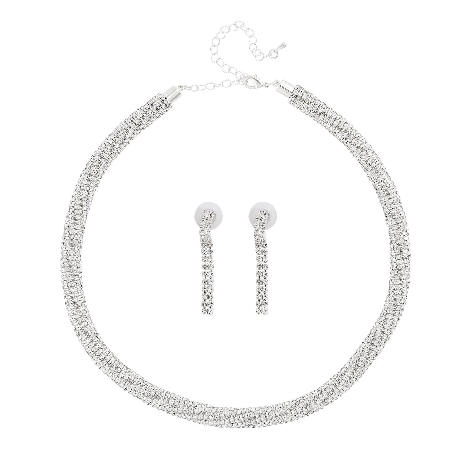 2er Set - Weißes Kristall Ohrringe und Halskette Schmuckset, reines Messing