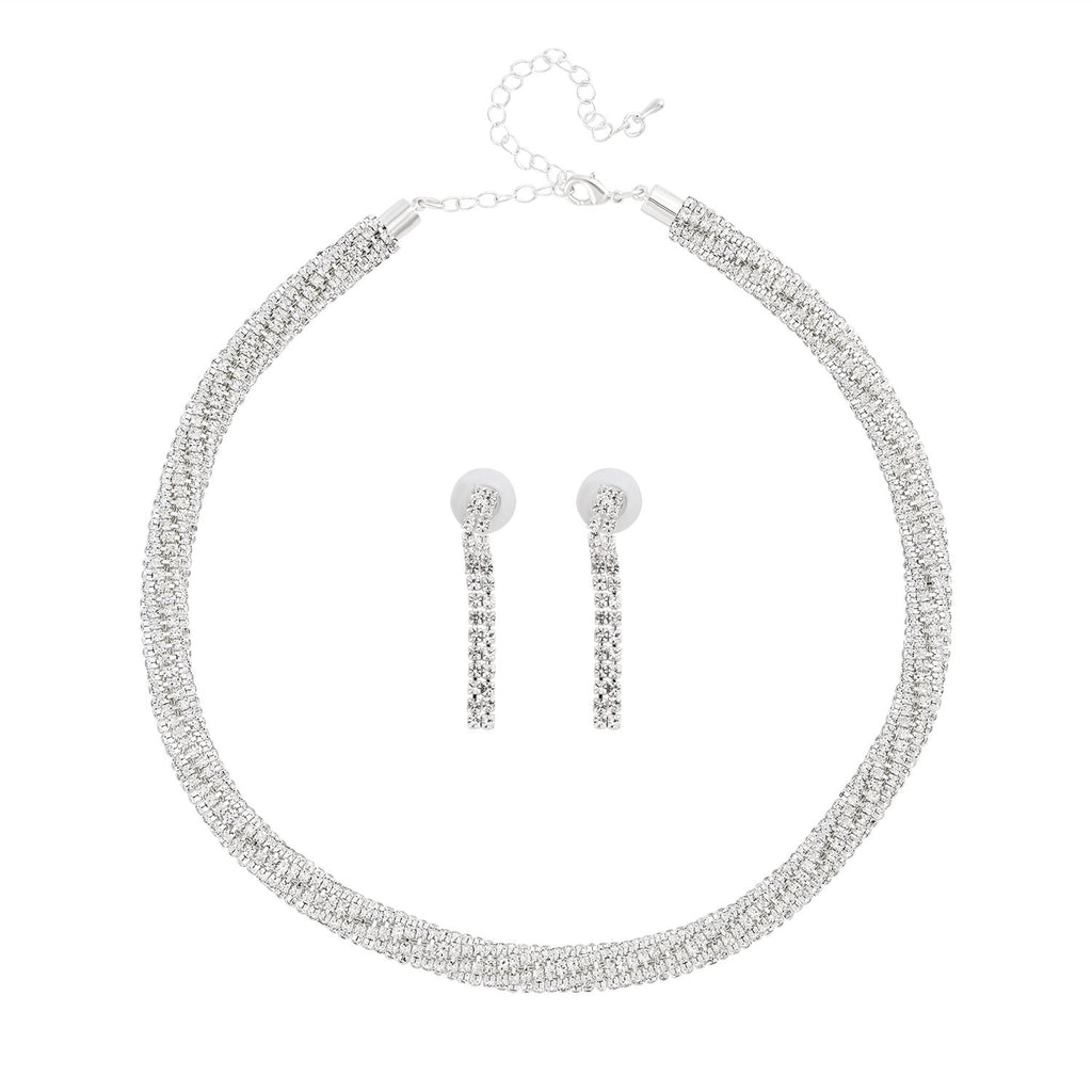 2er Set - Weißes Kristall Ohrringe und Halskette Schmuckset, reines Messing