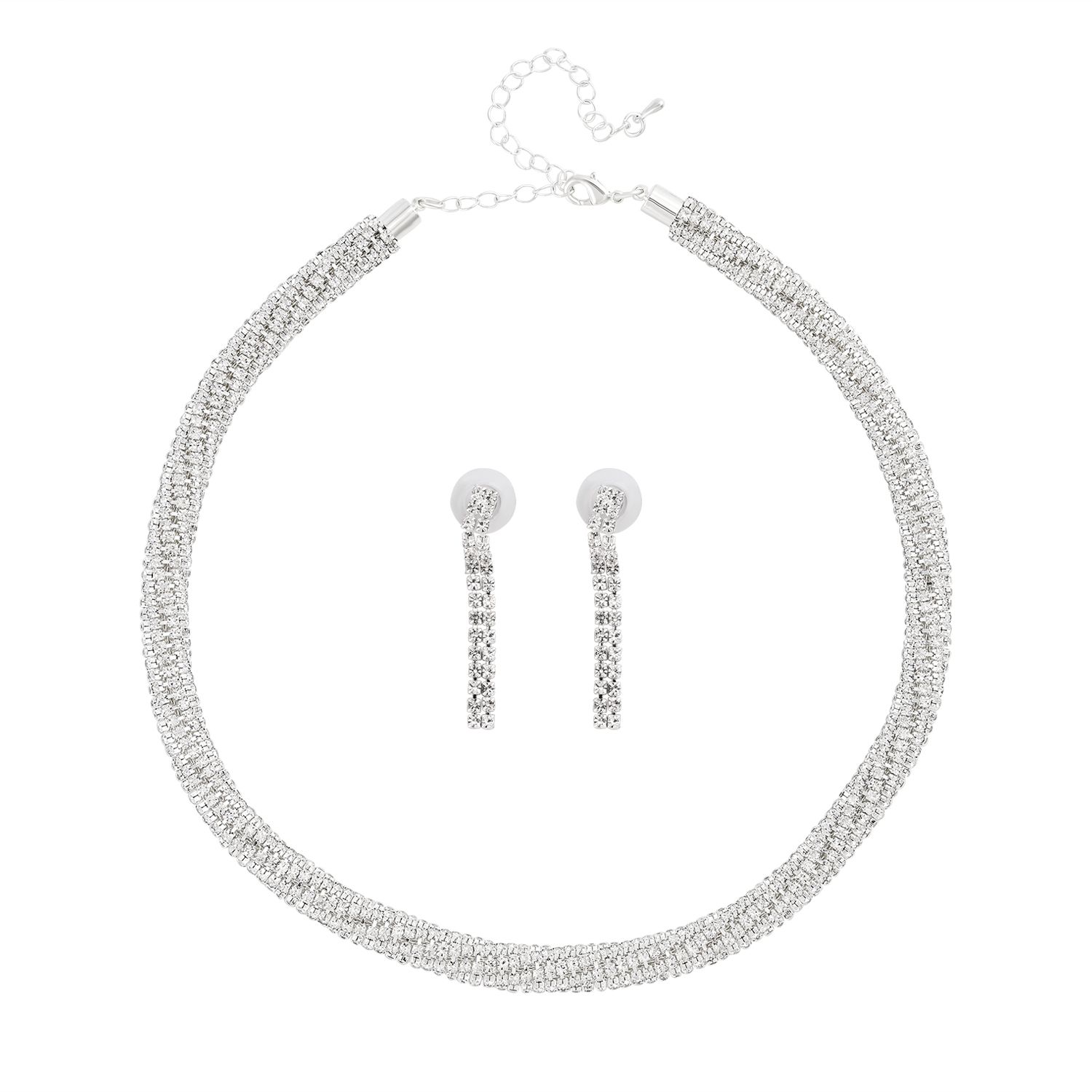 2er Set - Weißes Kristall Ohrringe und Halskette Schmuckset, reines Messing