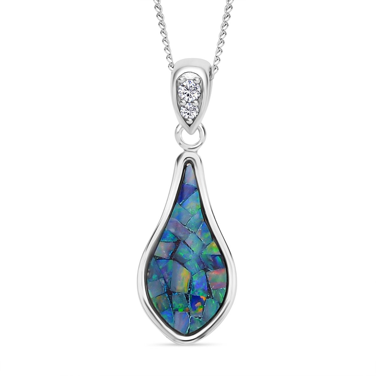Mosaik-Opal, weißer Zirkon Tropfenanhänger mit Kette im Schmuckset, 925 Silber rhodiniert ca. 1.04 ct