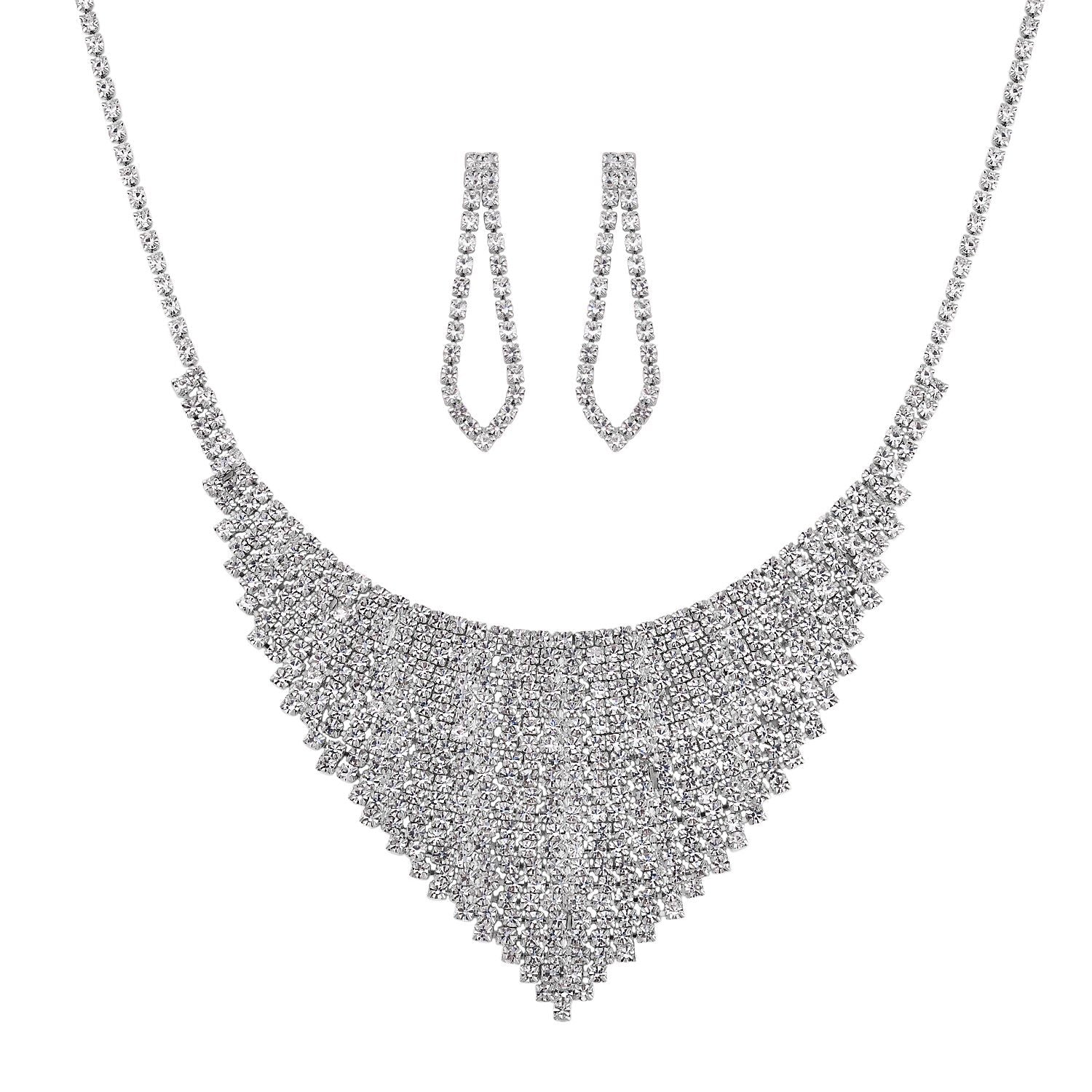 2er Set - Weißer Kristall Ohrringe und Halskette Schmuckset, silberfarben