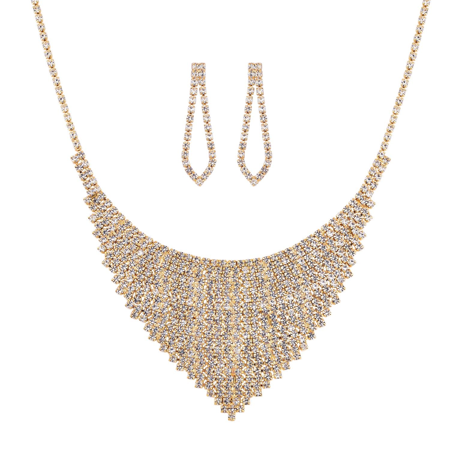 2er Set - Weißer Kristall Ohrringe und Halskette Schmuckset, goldfarben