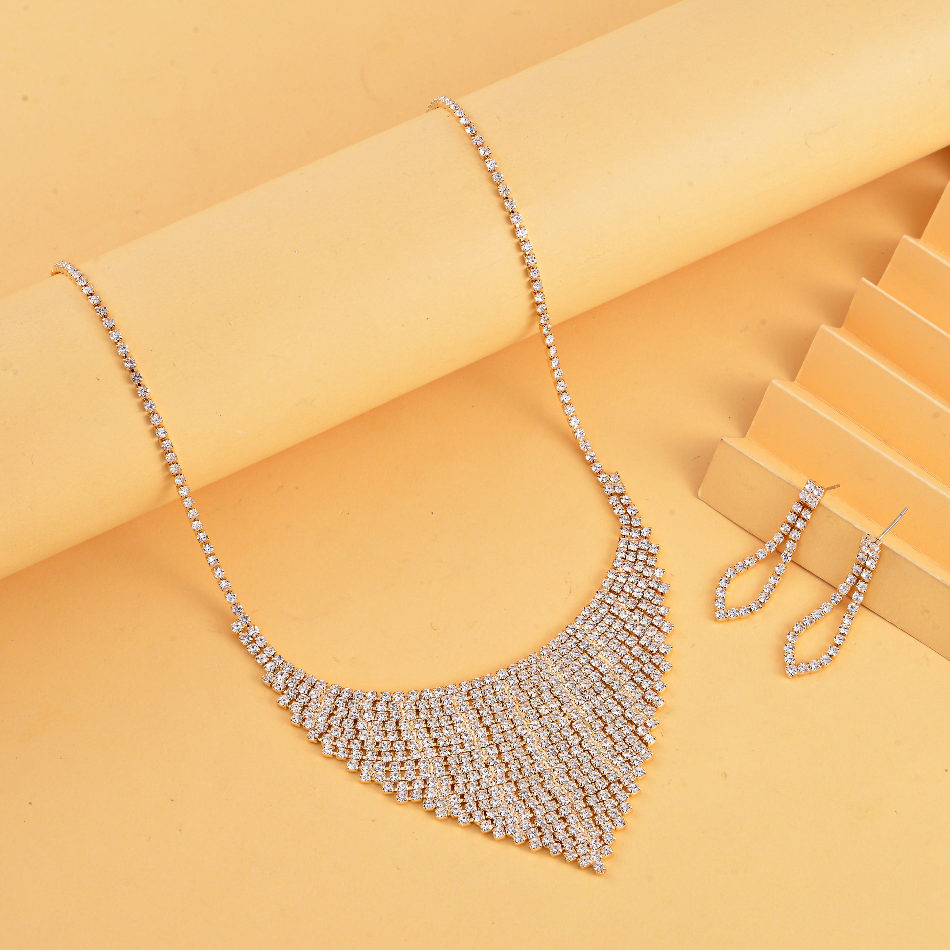 2er Set - Weißer Kristall Ohrringe und Halskette Schmuckset, goldfarben