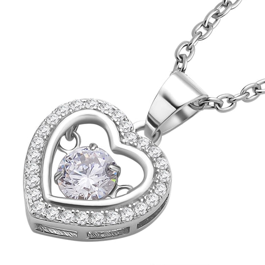 Weißer Zirkonia im herzförmigem Anhänger mit Kette, 925 Silber rhodiniert und Edelstahl, ca. 1,02 ct