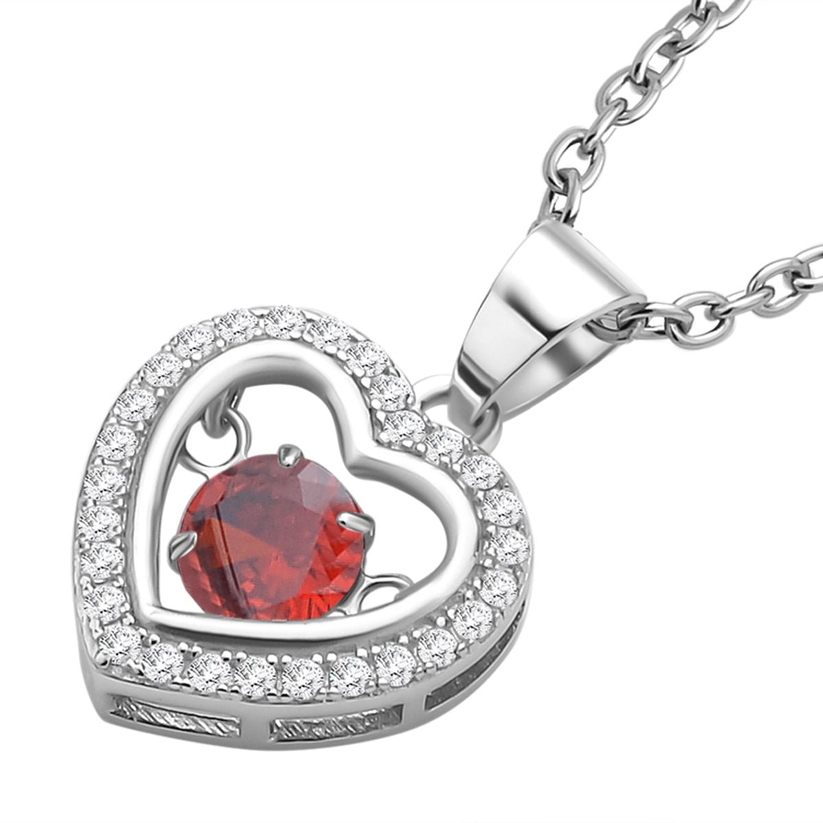 Roter und weißer Zirkonia im herzförmigem Anhänger mit Kette, 925 Silber rhodiniert und Edelstahl, ca. 1.02 ct