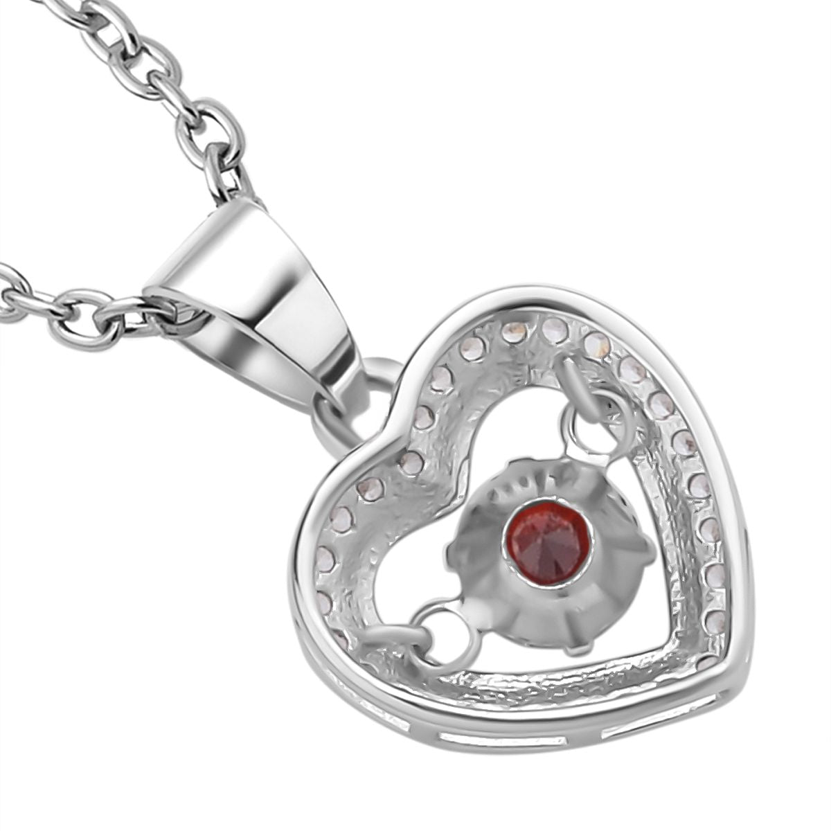 Roter und weißer Zirkonia im herzförmigem Anhänger mit Kette, 925 Silber rhodiniert und Edelstahl, ca. 1.02 ct