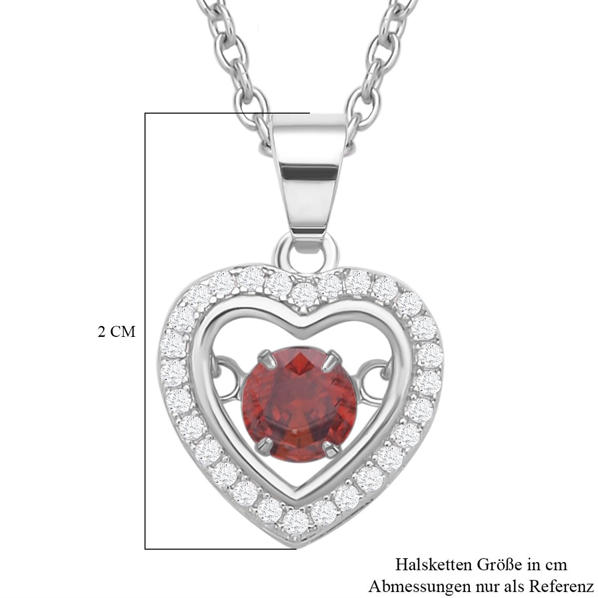 Roter und weißer Zirkonia im herzförmigem Anhänger mit Kette, 925 Silber rhodiniert und Edelstahl, ca. 1.02 ct