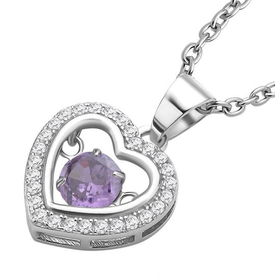Lila und weißer Zirkonia im herzförmigem Anhänger mit Kette, 925 Silber rhodiniert und Edelstahl, ca. 1.02 ct