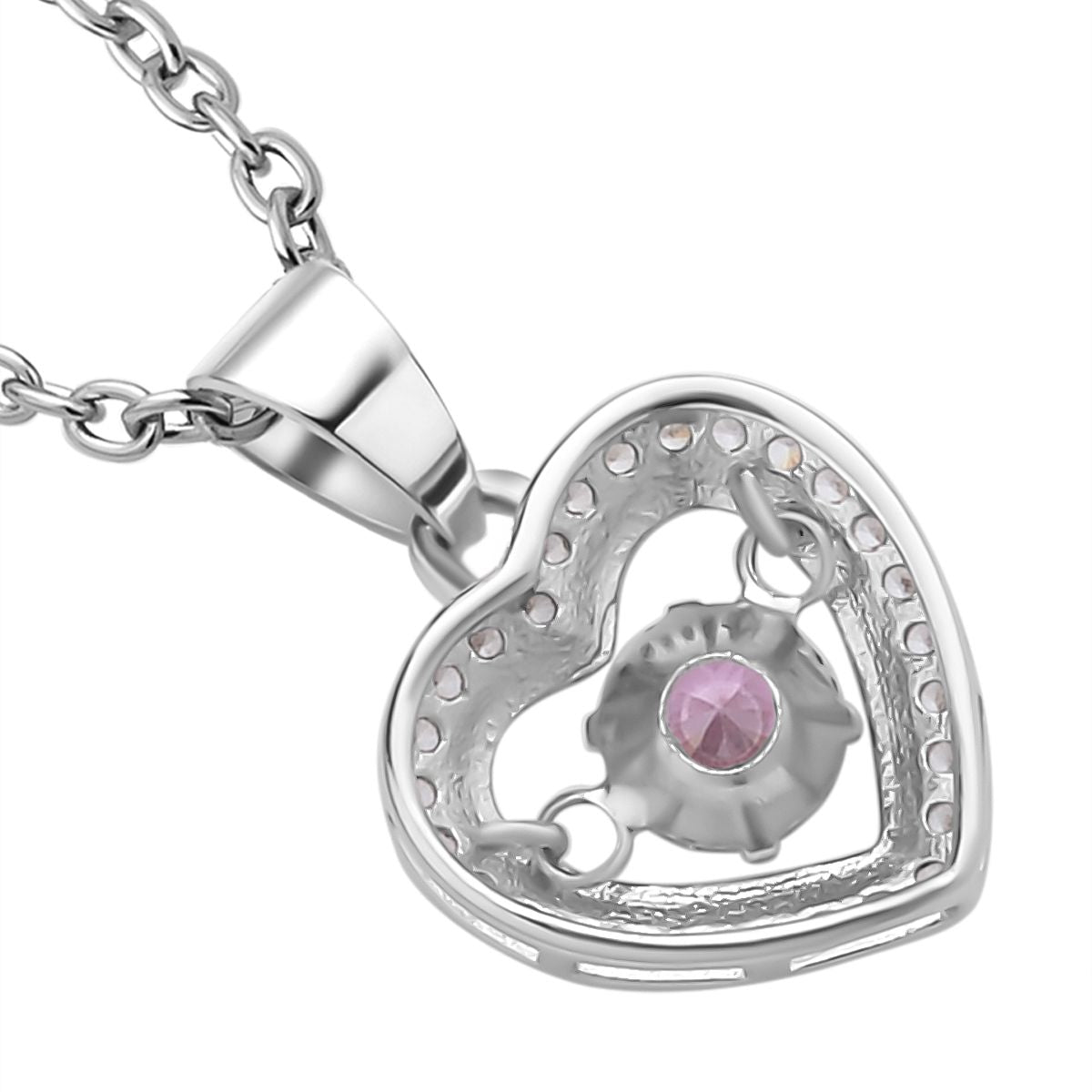 Lila und weißer Zirkonia im herzförmigem Anhänger mit Kette, 925 Silber rhodiniert und Edelstahl, ca. 1.02 ct