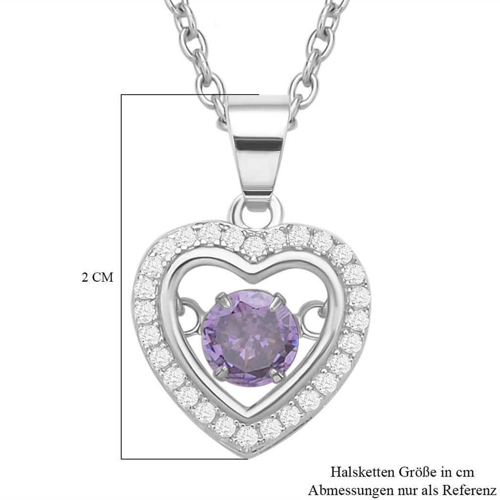 Lila und weißer Zirkonia im herzförmigem Anhänger mit Kette, 925 Silber rhodiniert und Edelstahl, ca. 1.02 ct