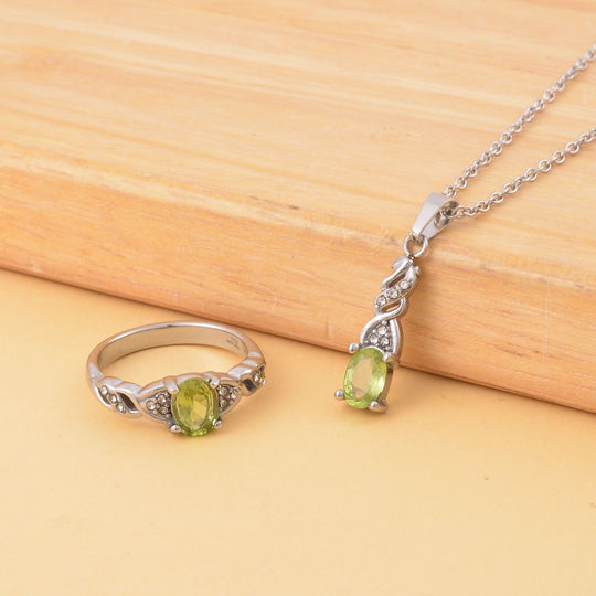 2er Set - Natürlicher Peridot Ring und Anhänger mit Kette Schmuckset, Reiner Edelstahl, ca. 0.60 ct