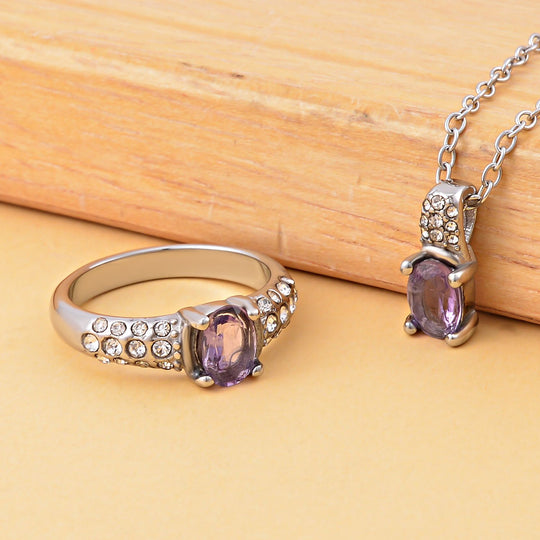 3er Set Afrikanischer Amethyst Anhänger mit Kette und Ring, Edelstahl, ca. 0.60 ct