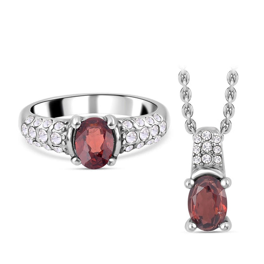 3er Set Roter Granat Anhänger mit Kette und Ring, 316L Edelstahl , ca. 0.60 ct