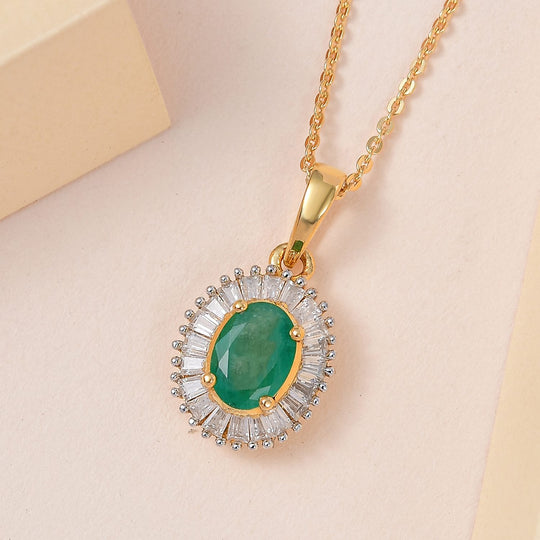 Kagem sambischer Smaragd, Moissanit Anhänger mit Kette, 925 Silber vergoldet ca. 1.31 ct