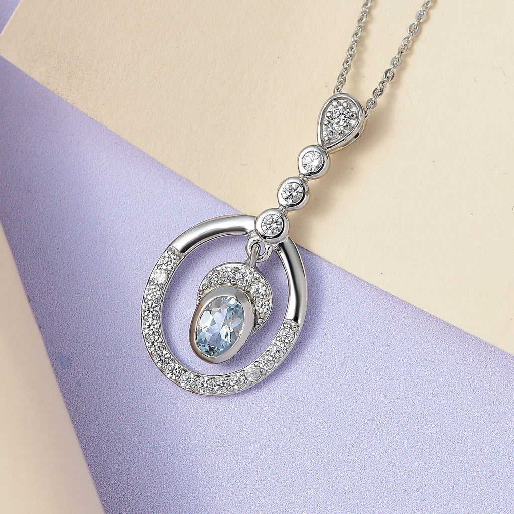 Espirito Santo Aquamarin und weißer Zirkon Anhänger mit Kette , 925 Silber platiniert ca. 1.31 ct