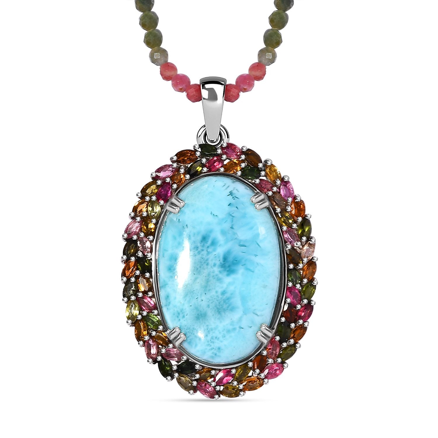 Larimar, mehrfarbige Turmalin Kette mit Anhänger, 925 Silber platiniert, ca. 79.50 ct