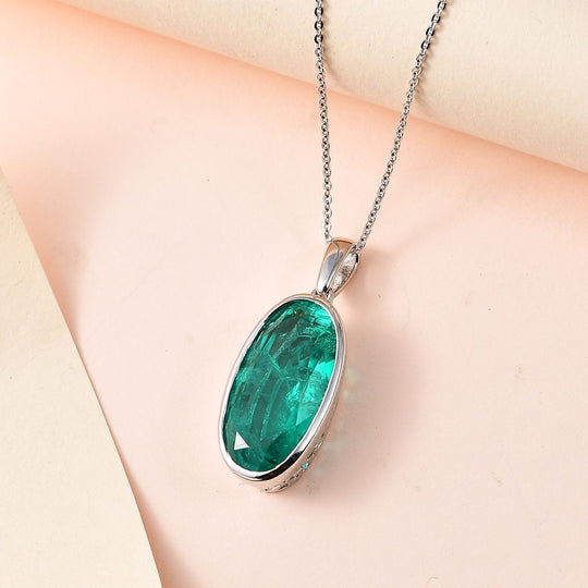 Smaragd-Quarz-Triplette-Anhänger mit Kette, 925 Silber platiniert ca. 9.00 ct