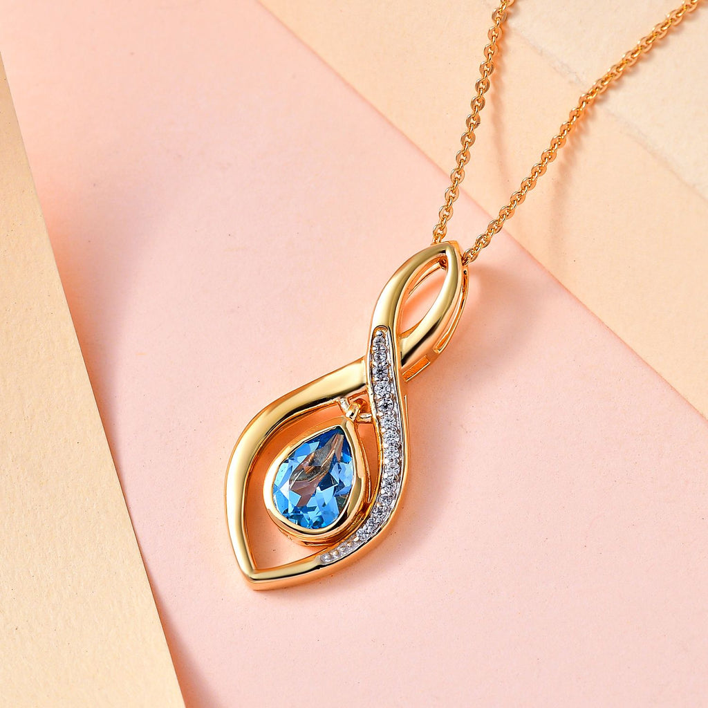 Schweizer Blautopas, weißer Zirkon Anhänger mit Kette, 925 Silber Gelbgold Vermeil, ca. 1.46 ct