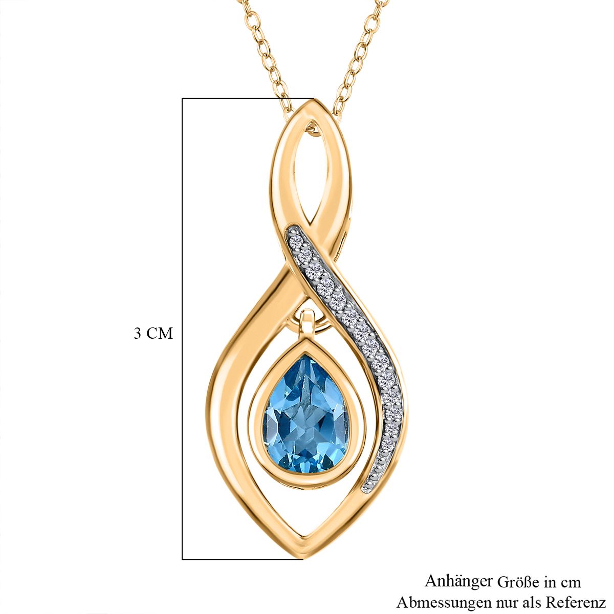 Schweizer Blautopas, weißer Zirkon Anhänger mit Kette, 925 Silber Gelbgold Vermeil, ca. 1.46 ct