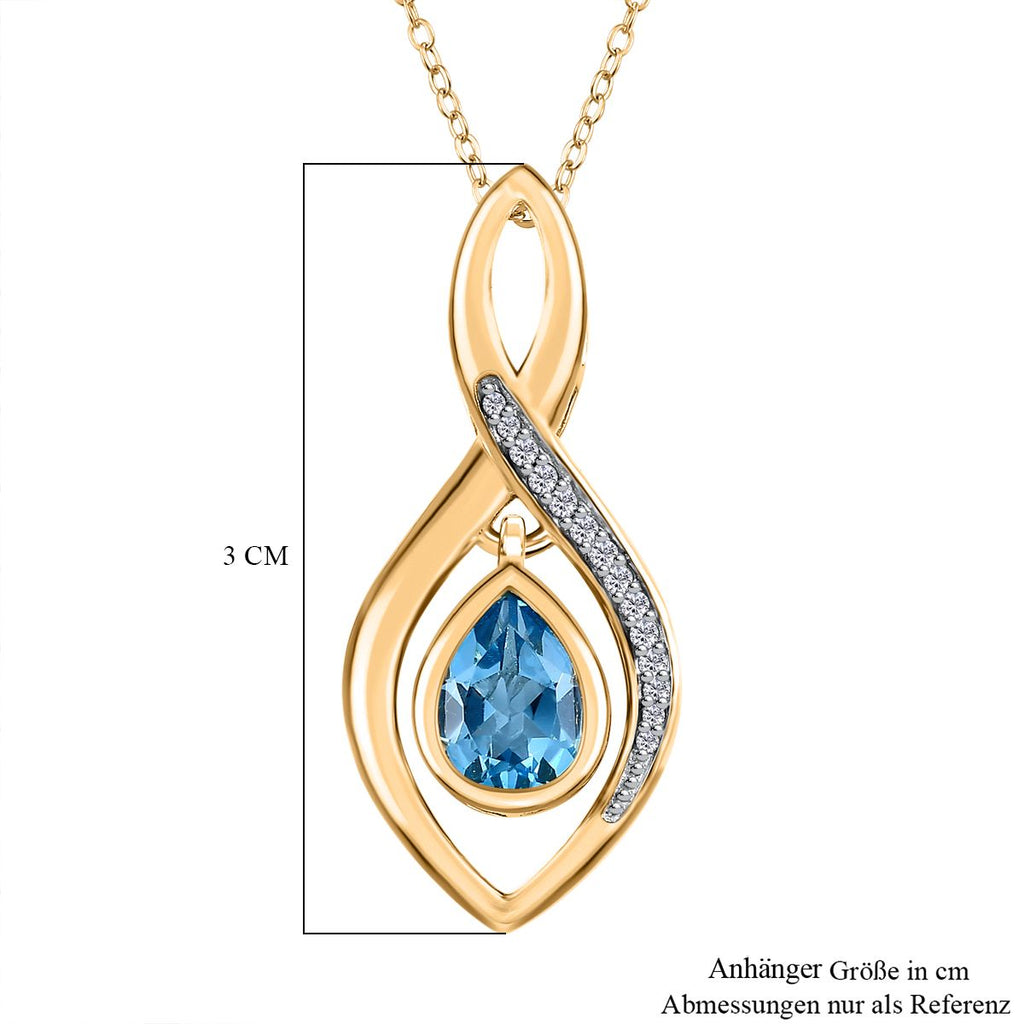 Schweizer Blautopas, weißer Zirkon Anhänger mit Kette, 925 Silber Gelbgold Vermeil, ca. 1.46 ct