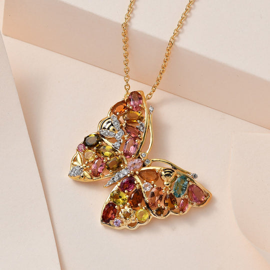 Mehrfarbige-Turmalin Anhänger mit Kette, 925 Silber Gelbgold Vermeil, ca. 6.28 ct