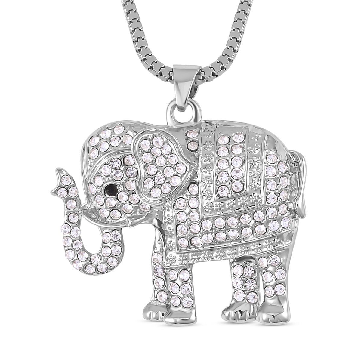 Glitzernder Elefanten-Anhänger mit Kette, weißem und schwarzem Kristall, silberfarben