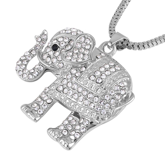 Glitzernder Elefanten-Anhänger mit Kette, weißem und schwarzem Kristall, silberfarben