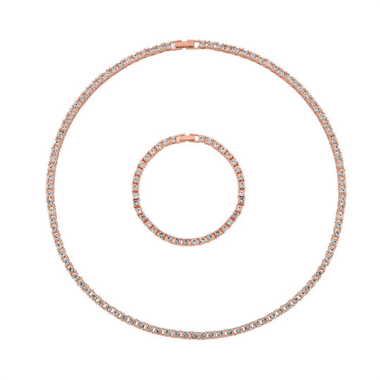 2er Set - Weißer Kristall Halskette und Armband Schmuckset, roséfarben