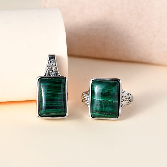 2er Set - Malachit Ring und Anhänger Schmuckset, Edelstahl ca. 23.66 ct