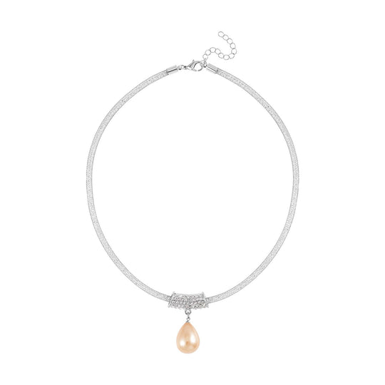 Goldener Muschelkernperle und weißer Kristall Anhänger mit 45+5cm Kette, Legierung