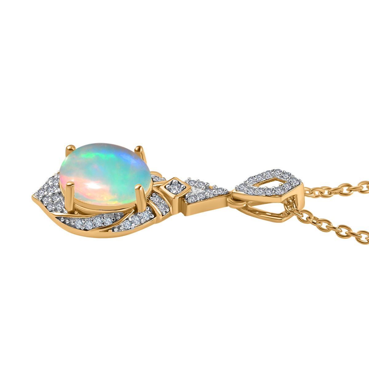 Natürlicher, äthiopischer Welo Opal, Weißer Zirkon Anhänger mit Kette, 925 Silber Gelbgold Vermeil, ca. 2.31 ct