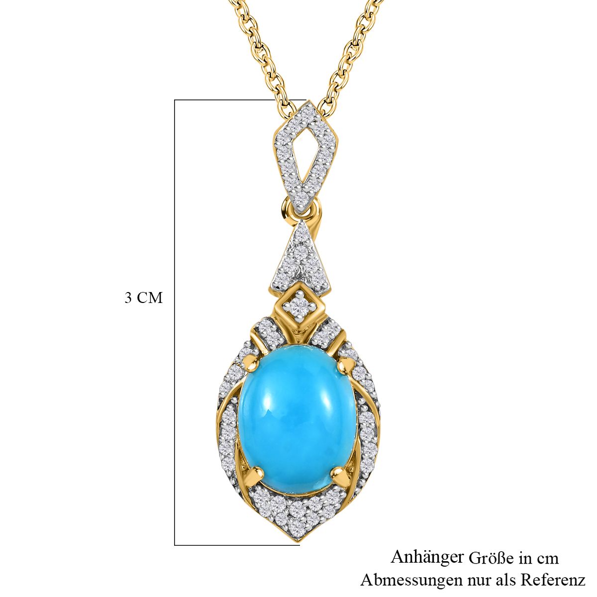 Amerikanischer, natürlicher Sleeping Beauty Türkis, weißer Zirkon Anhänger mit Kette, 925 Silber Gelbgold Vermeil ca. 3.21 ct