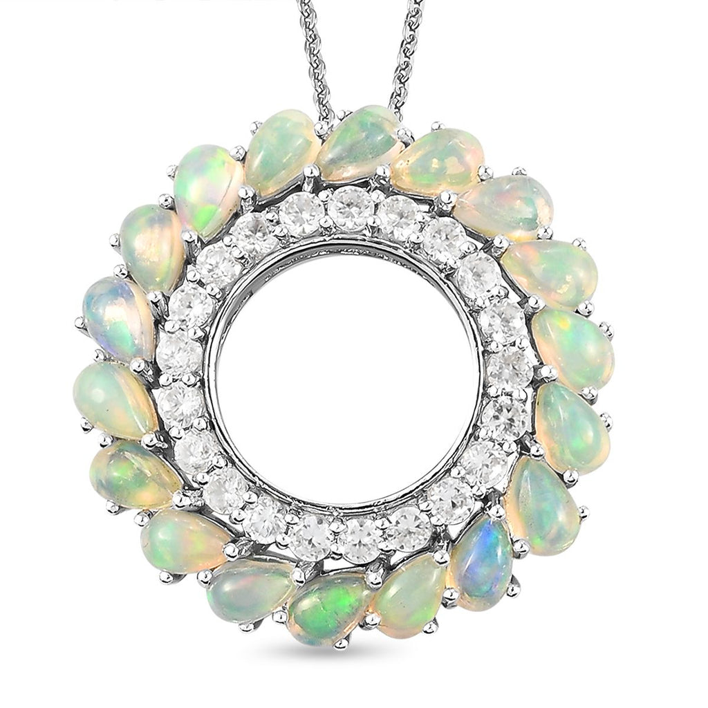 Natürlicher, äthiopischer Opal und weißer Zirkon-Anhänger mit Kette, ca. 50 cm, 925 Silber Platiniert ca. 4,04 ct