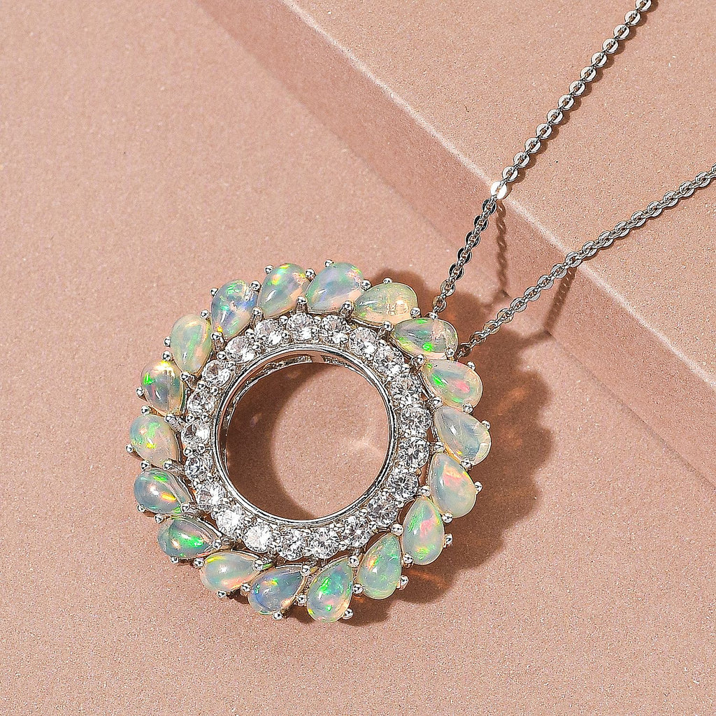 Natürlicher, äthiopischer Opal und weißer Zirkon-Anhänger mit Kette, ca. 50 cm, 925 Silber Platiniert ca. 4,04 ct