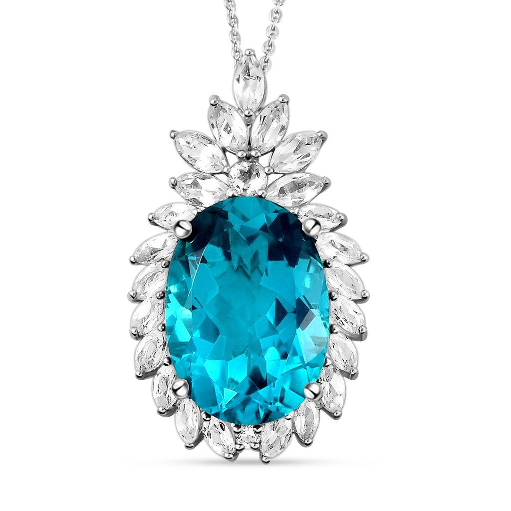Capri-Blau Quartz und weißer Topas-Anhänger mit Kette, 925 Silber platiniert ca. 16.33 ct