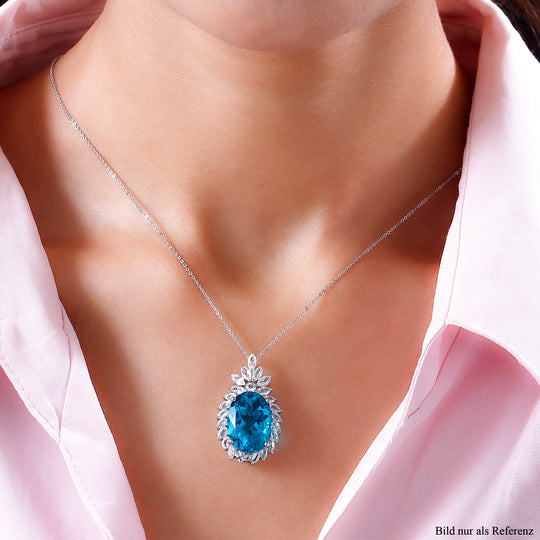 Capri-Blau Quartz und weißer Topas-Anhänger mit Kette, 925 Silber platiniert ca. 16.33 ct