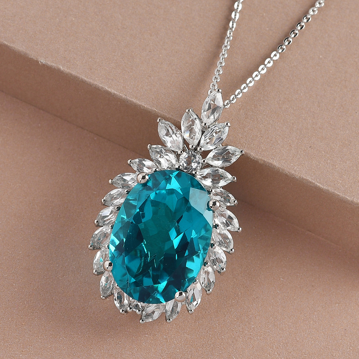 Capri-Blau Quartz und weißer Topas-Anhänger mit Kette, 925 Silber platiniert ca. 16.33 ct